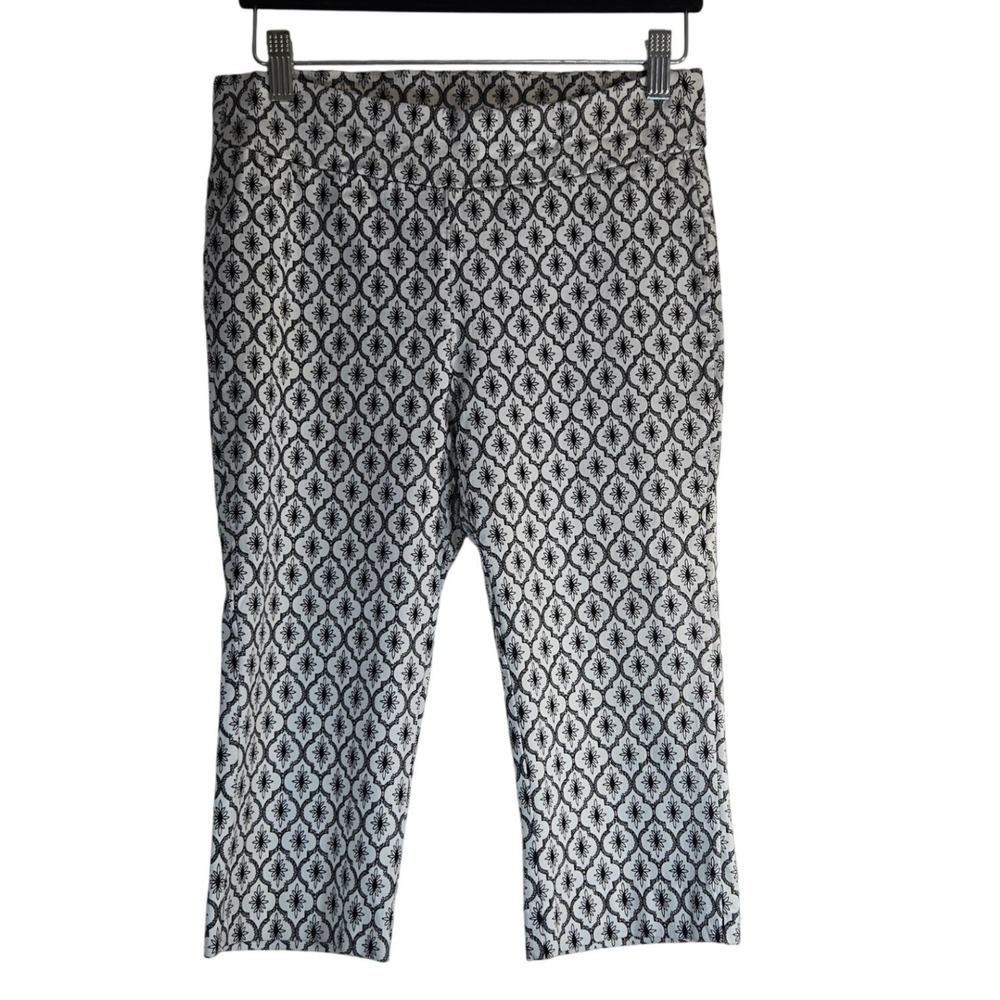Zoe + Phoebe Petite Black White Medallion Print Capri Pants PM Cropped Trousers